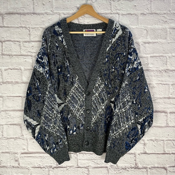 Vintage Women’s Large Gray Blue Knit Cardigan Sweater GrannyCore - Picture 1 of 5